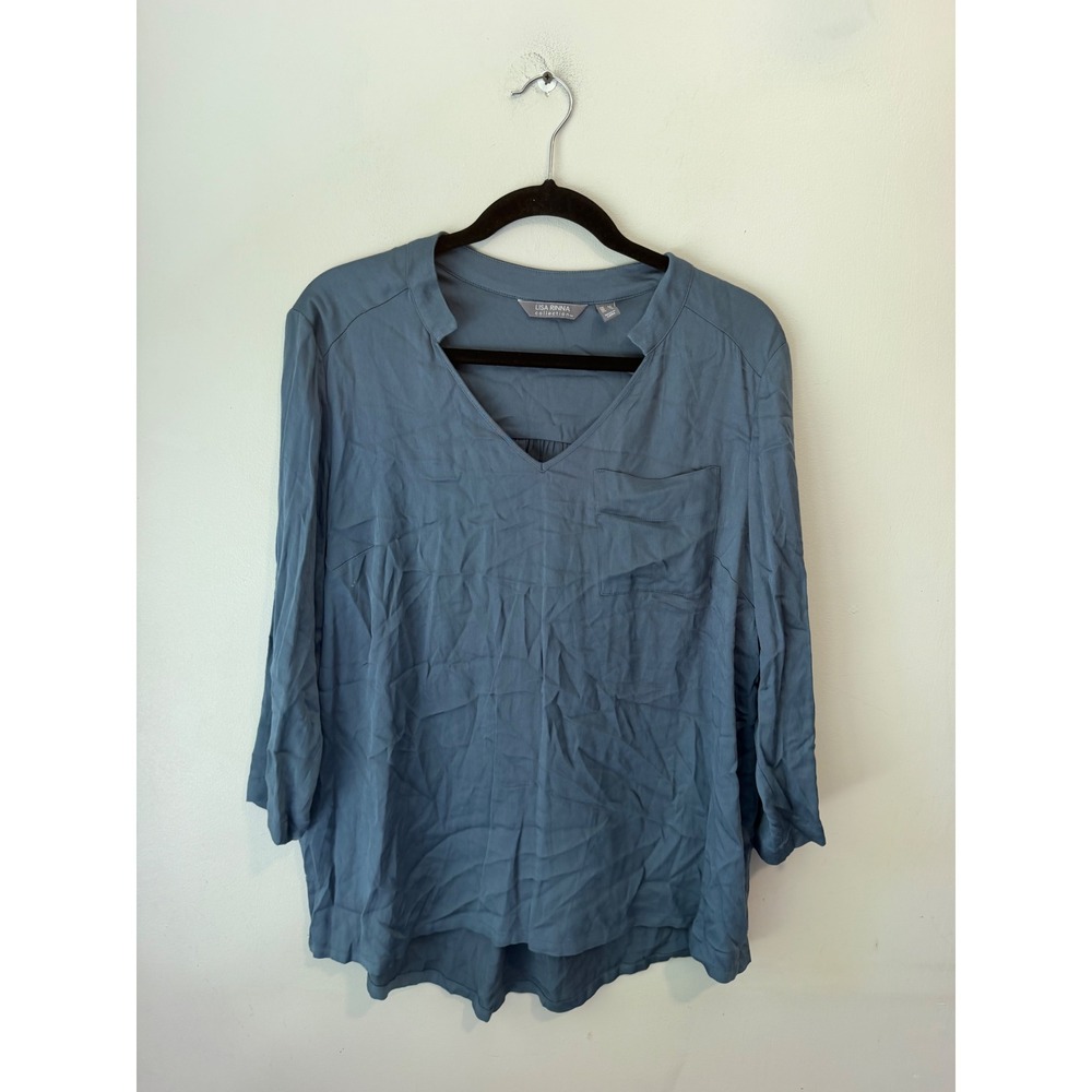 Lisa Rinna Collection Women Blue Split V-Neck Pleated Back Pocket Blouse Sz M